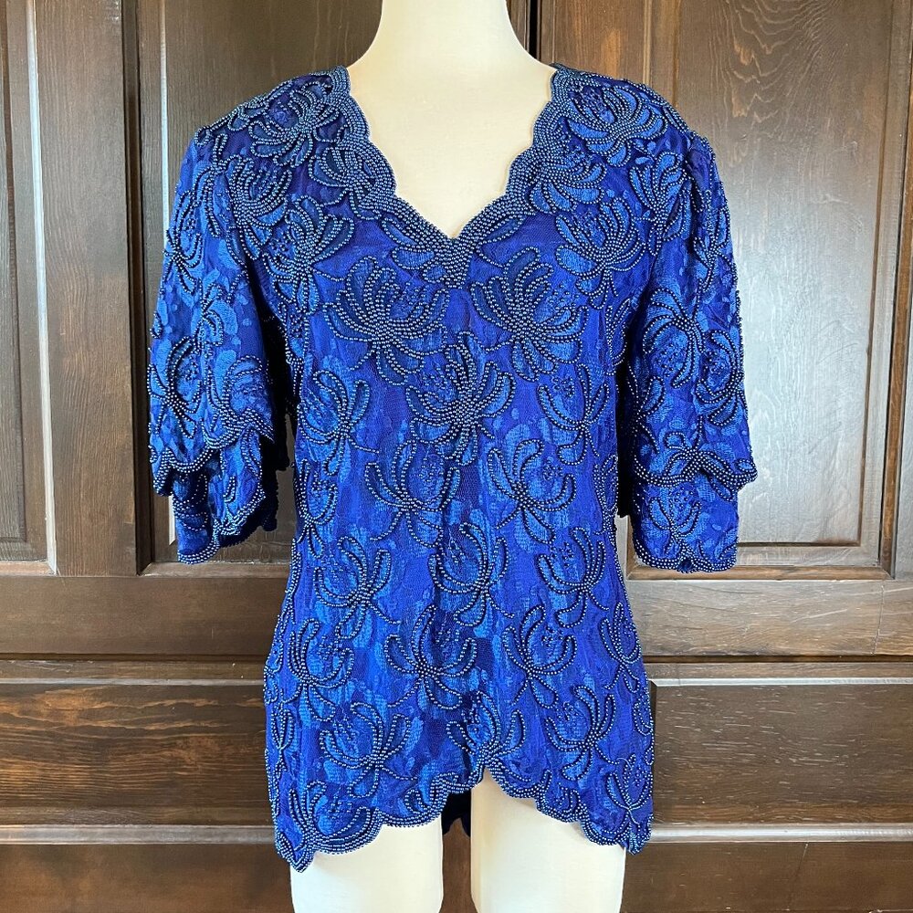 Horchow Vintage Beaded Top Lace Royal Blue Scalloped Evening Short Sleeve Size L